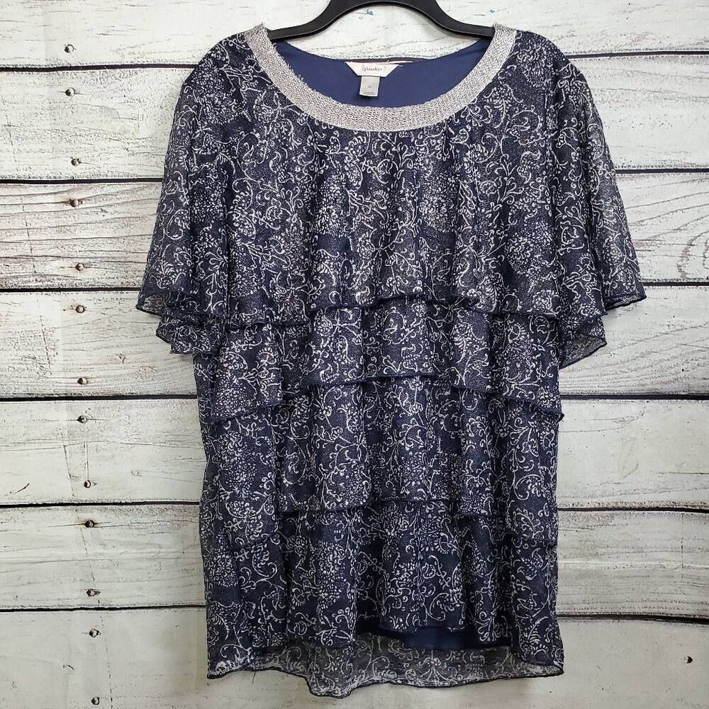 Cj Banks 2X Navy Floral Ruffle Tiered Blouse Top